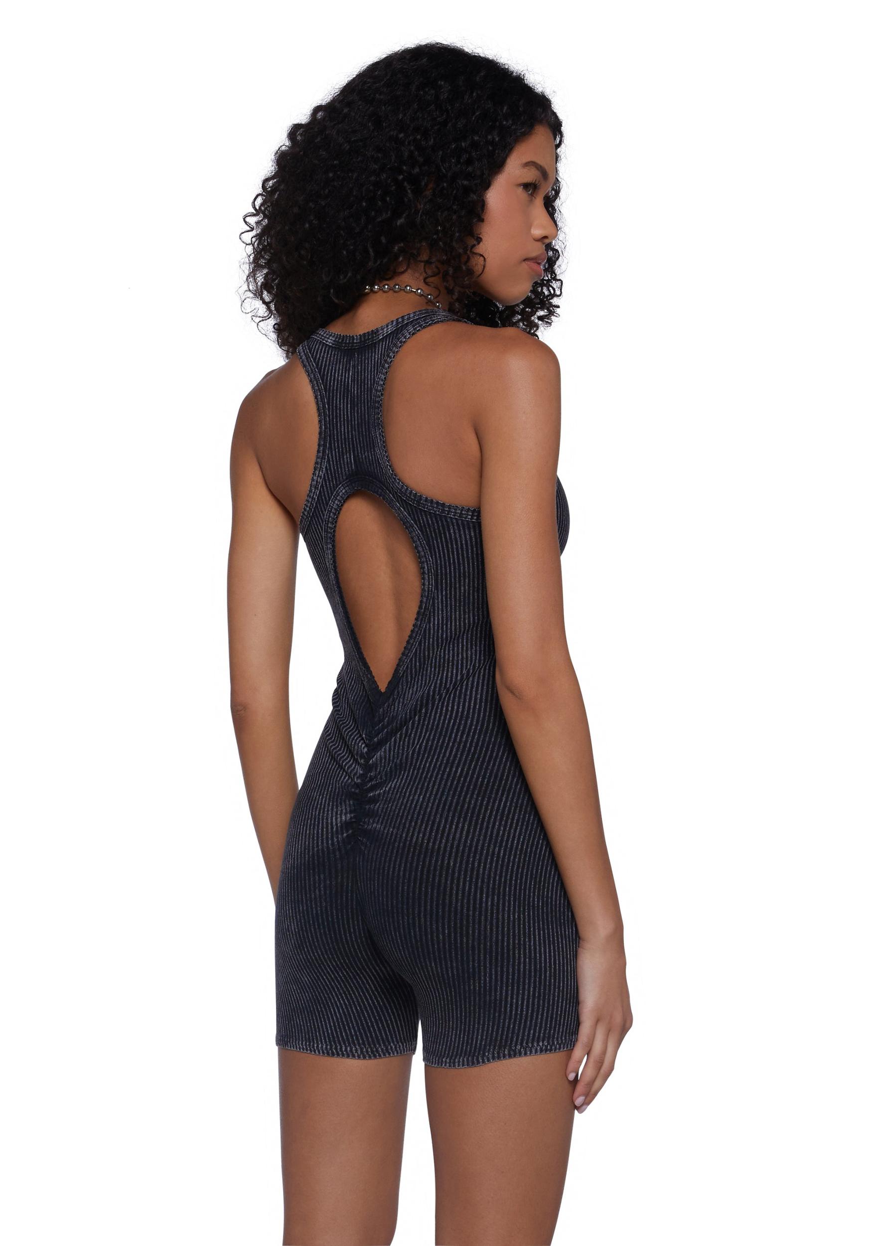 Womens Washed Knit Ribbed Cut Out Romper - Black Product Image