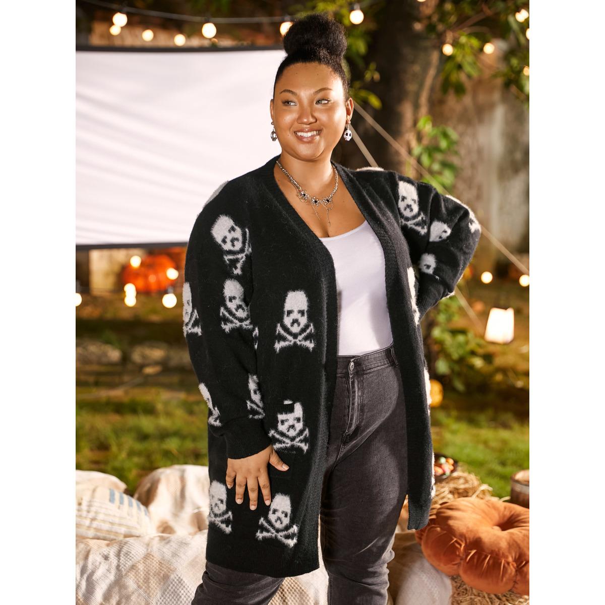 Plus Size Skull Pattern Plus Jacquard Open Cardigan Black Women Casual Loose Long Sleeve Everyday Cardigans BloomChic 18-20/2X Product Image