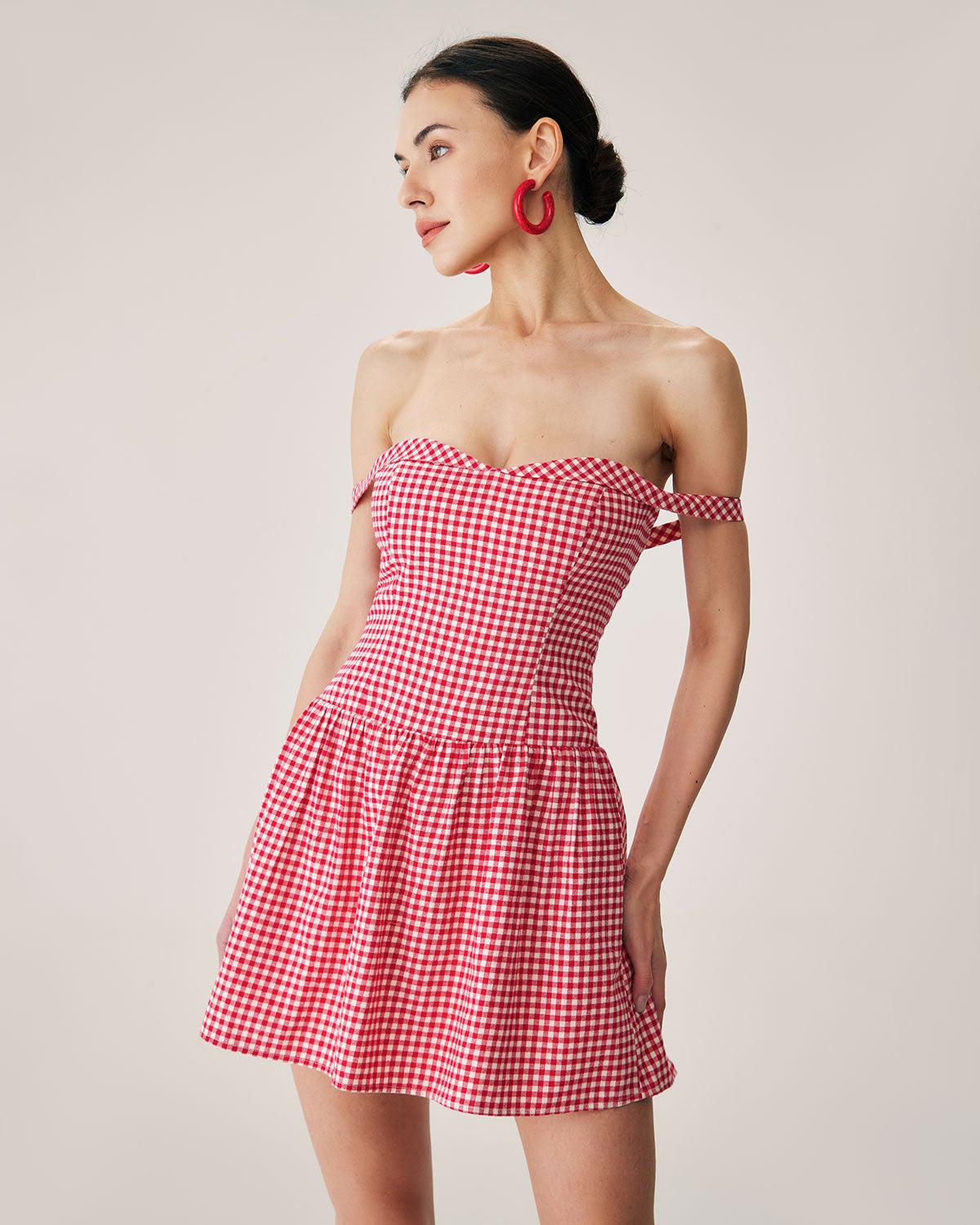 Red Plaid Sweetheart Neck Slip Mini Dress Product Image