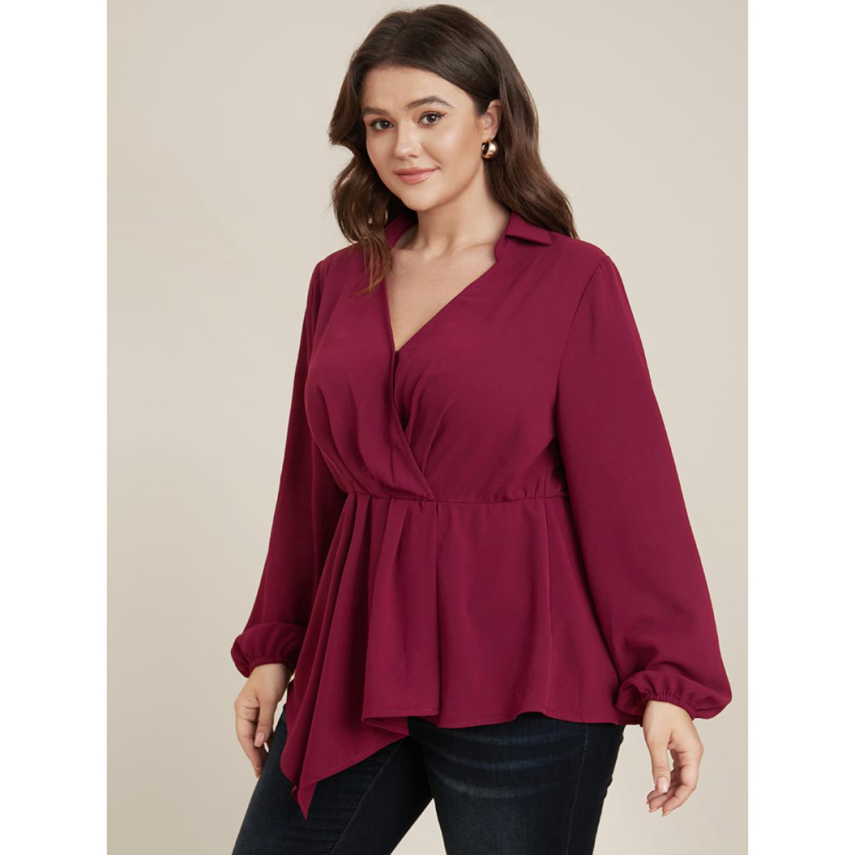 Plus Size Scarlet Solid Lantern Sleeve Surplice Neck Asymmetrical Hem Blouse Women Office Long Sleeve V-neck Office Blouses BloomChic 14-16/1X Product Image