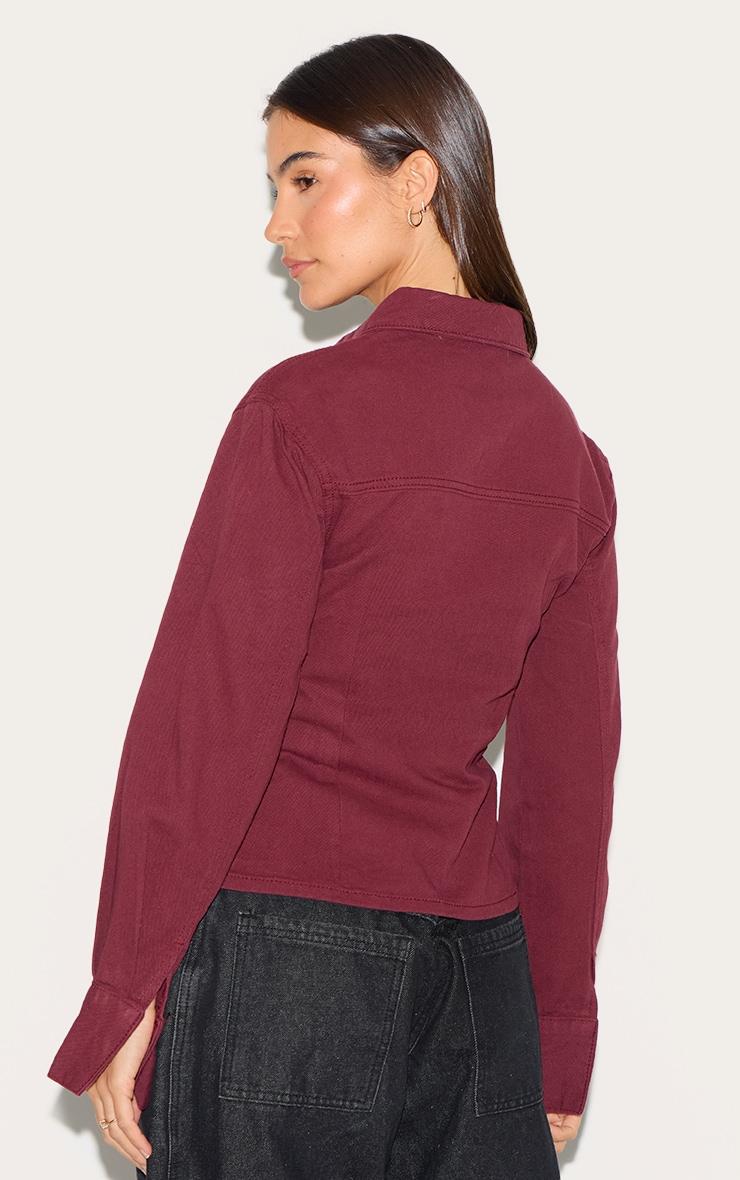 Burgundy Long Sleeve Cinch Waist Denim Jacket Product Image