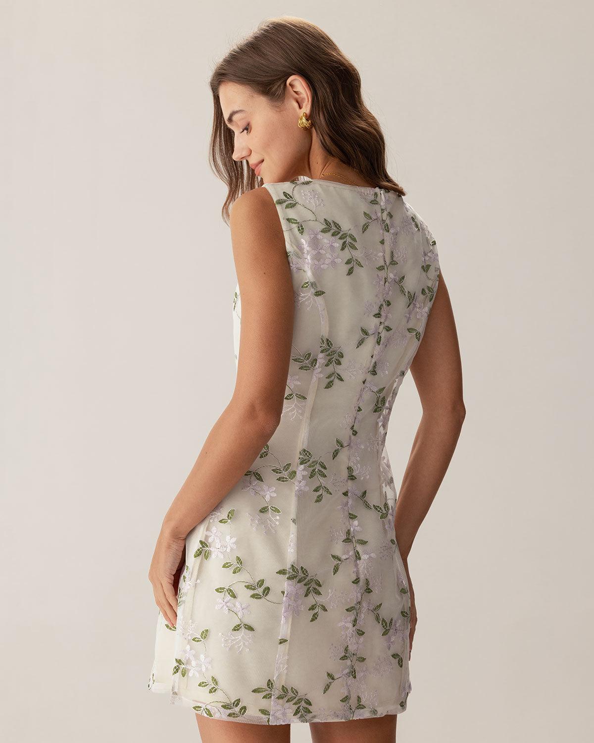 Beige Square Neck Embroidery Slit Slip Mini Dress Product Image