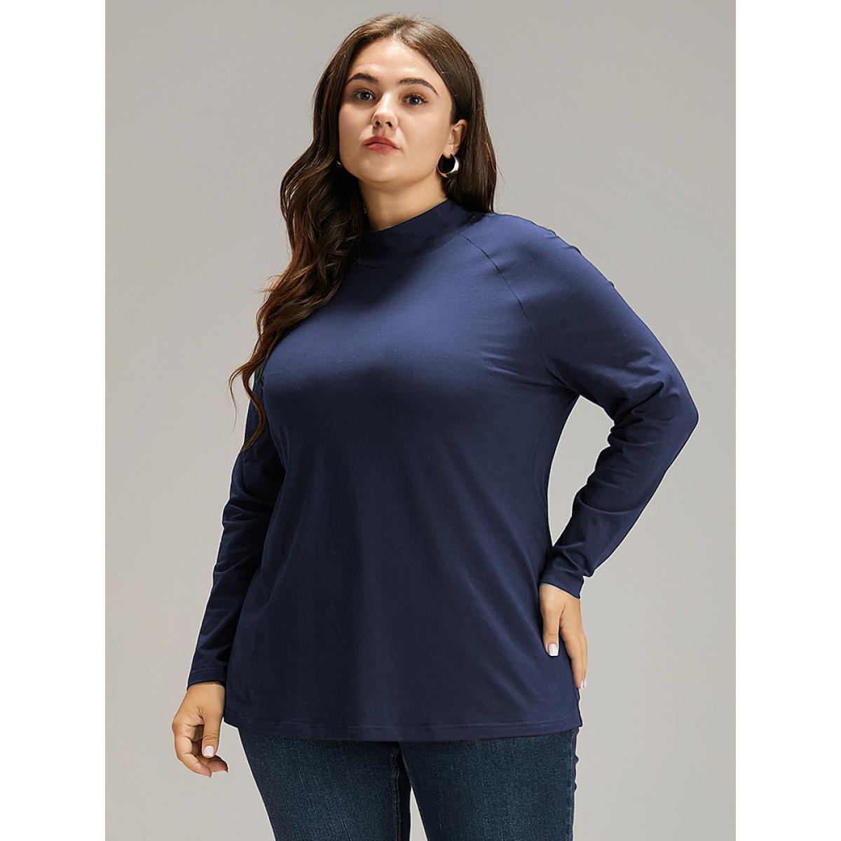 Plus Size Cotton Mock Neck Raglan Sleeve T-shirt Indigo Women Elegant Plain Plain Mock Neck Dailywear T-shirts BloomChic 28/5X Product Image