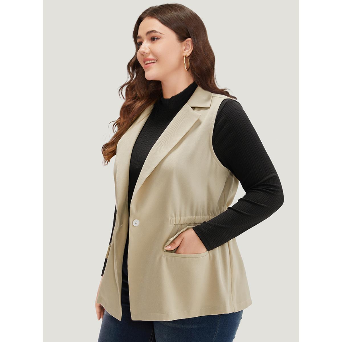 Plus Size Plain Suit Collar Pocket Sleeveless Blazer Beige Women Work Plain Plain Sleeveless Sleeveless Lapel Collar 12/L Pocket Office Blazers BloomChic Product Image