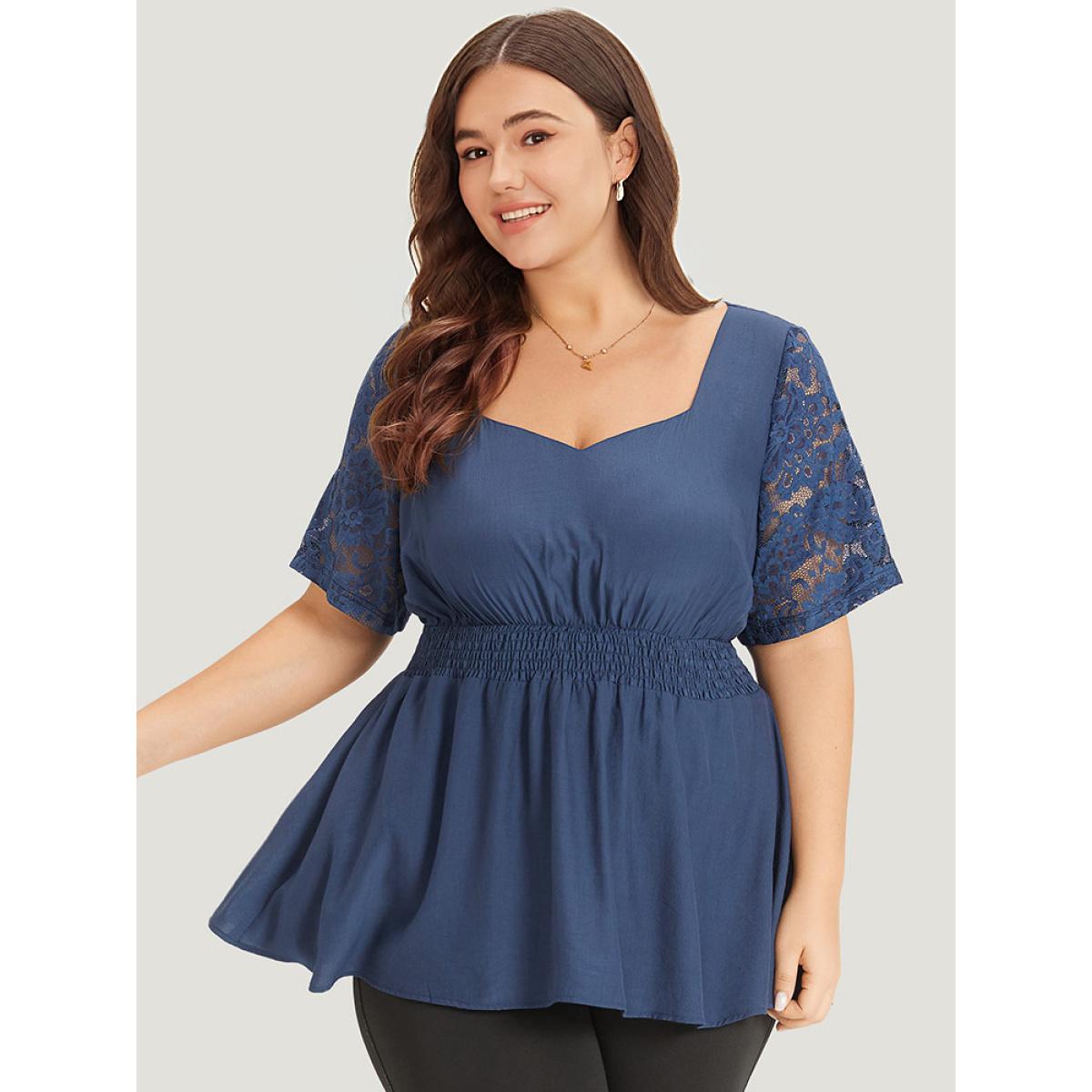 Plus Size Indigo Supersoft Essentials Crochet Lace Mesh Shirred Ruffle Hem Gathered Blouse Women Elegant Short sleeve Square Neck Dailywear Blouses BloomChic 14-16/1X Product Image