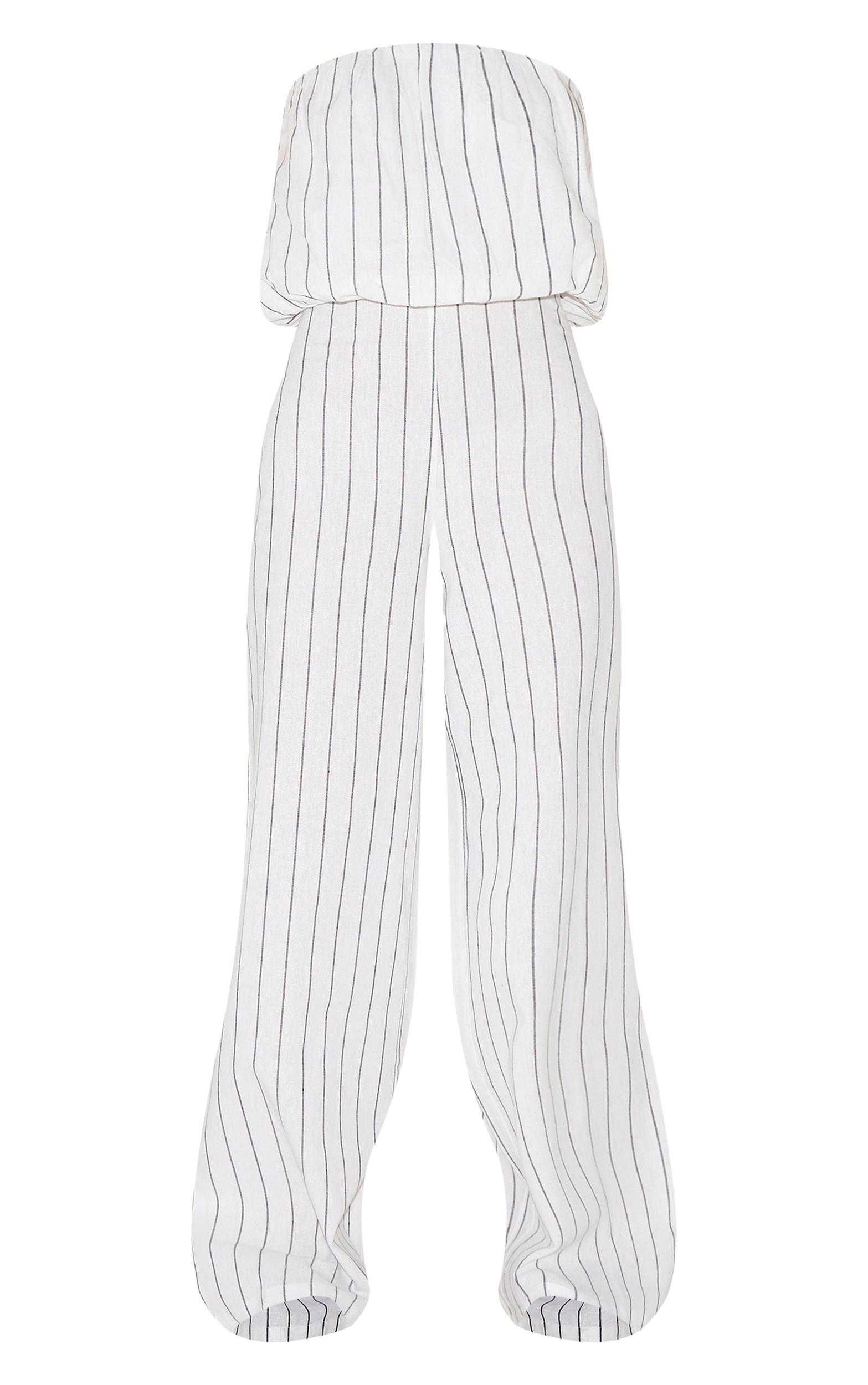 Stone Stripe Cotton Puffball Bandeau Straight Leg Jumpsuit Product Image