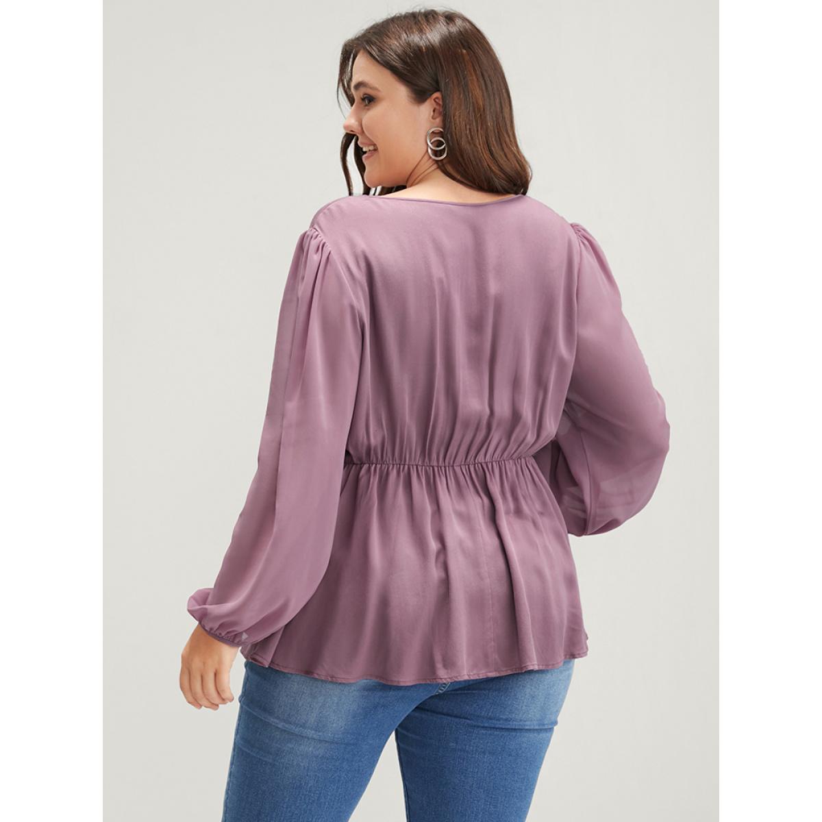 Plus Size DustyPink Solid Crochet Lace Lantern Sleeve Flutter Blouse Women Elegant Long Sleeve Notched collar Dailywear Blouses BloomChic 26/4X Product Image