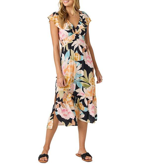 O'Neill Zetta Flutter Sleeve Tropical Floral Print Midi Dress Product Image