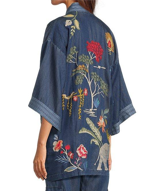 JOHNNY WAS Jane Lightweight Denim Embroidered Open Front 3/4 Bell Sleeve Kimono Jacket Product Image