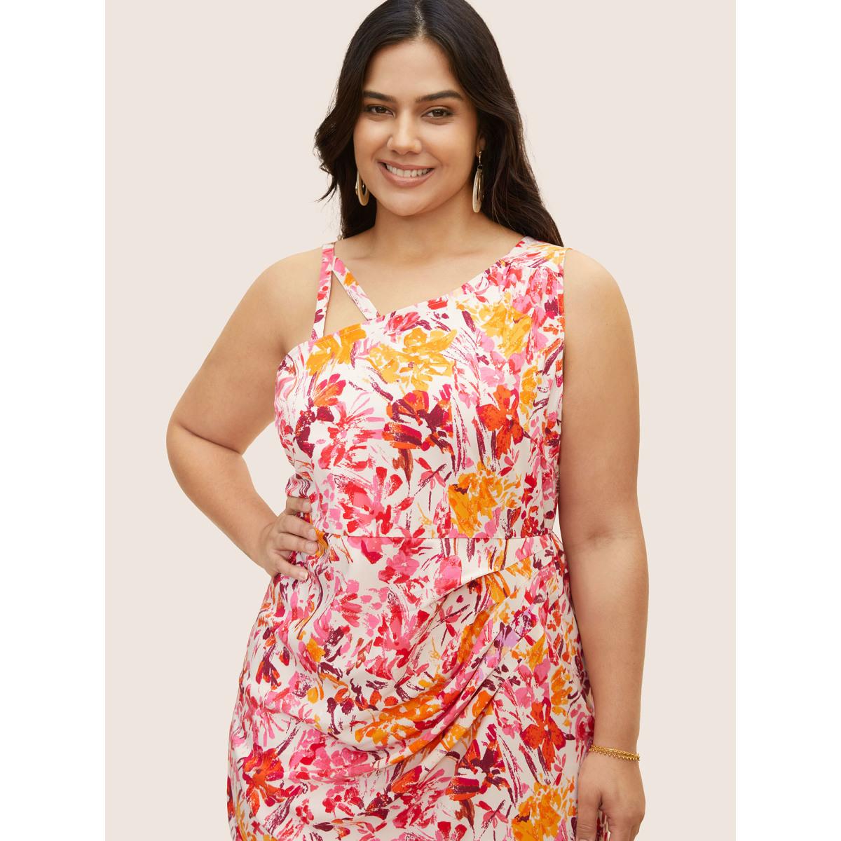 Plus Size Asymmetrical Neck Watercolor Floral Pleated Dress Blush Women Elegant Pleated Asymmetrical Neck Sleeveless Curvy BloomChic 12/L Product Image