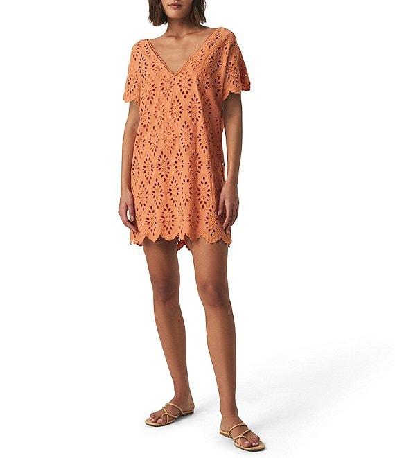 Splendid Sandro Eyelet V-Neck Short Sleeve A-Line Mini Dress Product Image