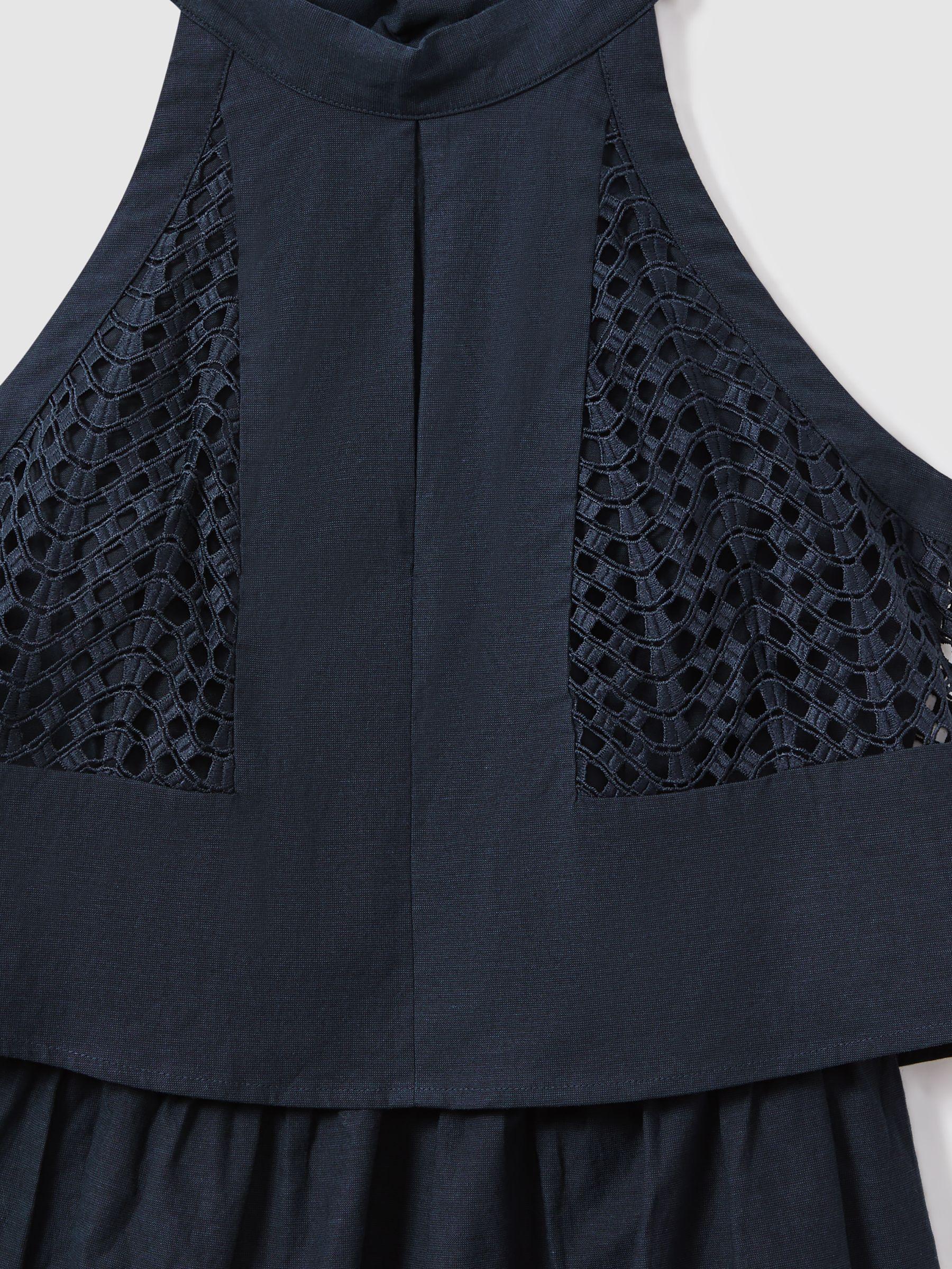 Broderie Halter Neck Mini Dress With Linen in Navy Product Image