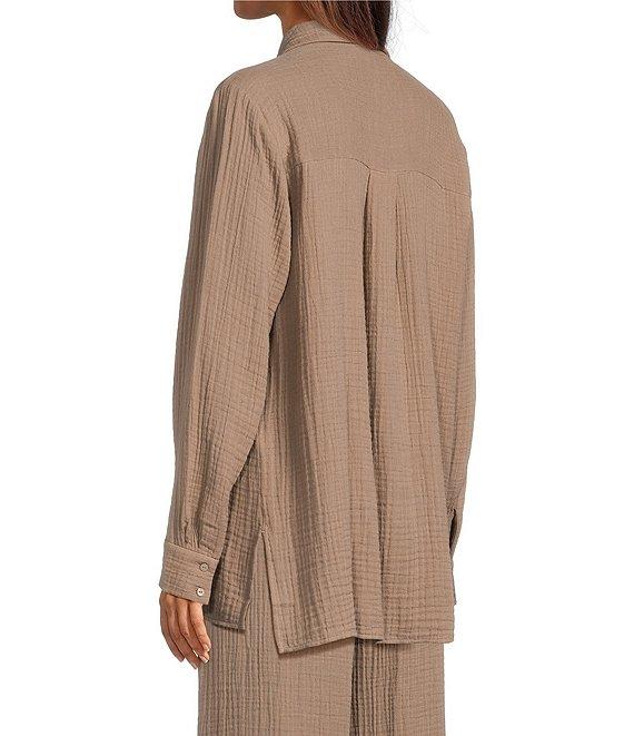 Eileen Fisher Petite Size Organic Cotton Gauze Point Collar Long Sleeve Top Product Image