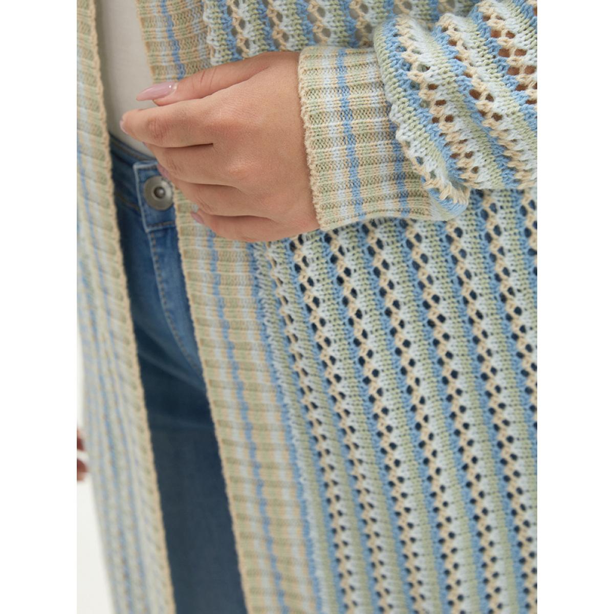 Plus Size Contrast Geo Eyelet Drop Shoulder Cardigan Multicolor Women Casual Loose Long Sleeve Dailywear Cardigans BloomChic 28/5X Product Image