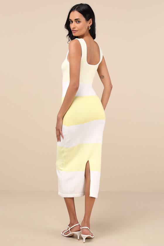 Easily Gorgeous Ivory and Yellow Striped Midi Sweater Dress Product Image