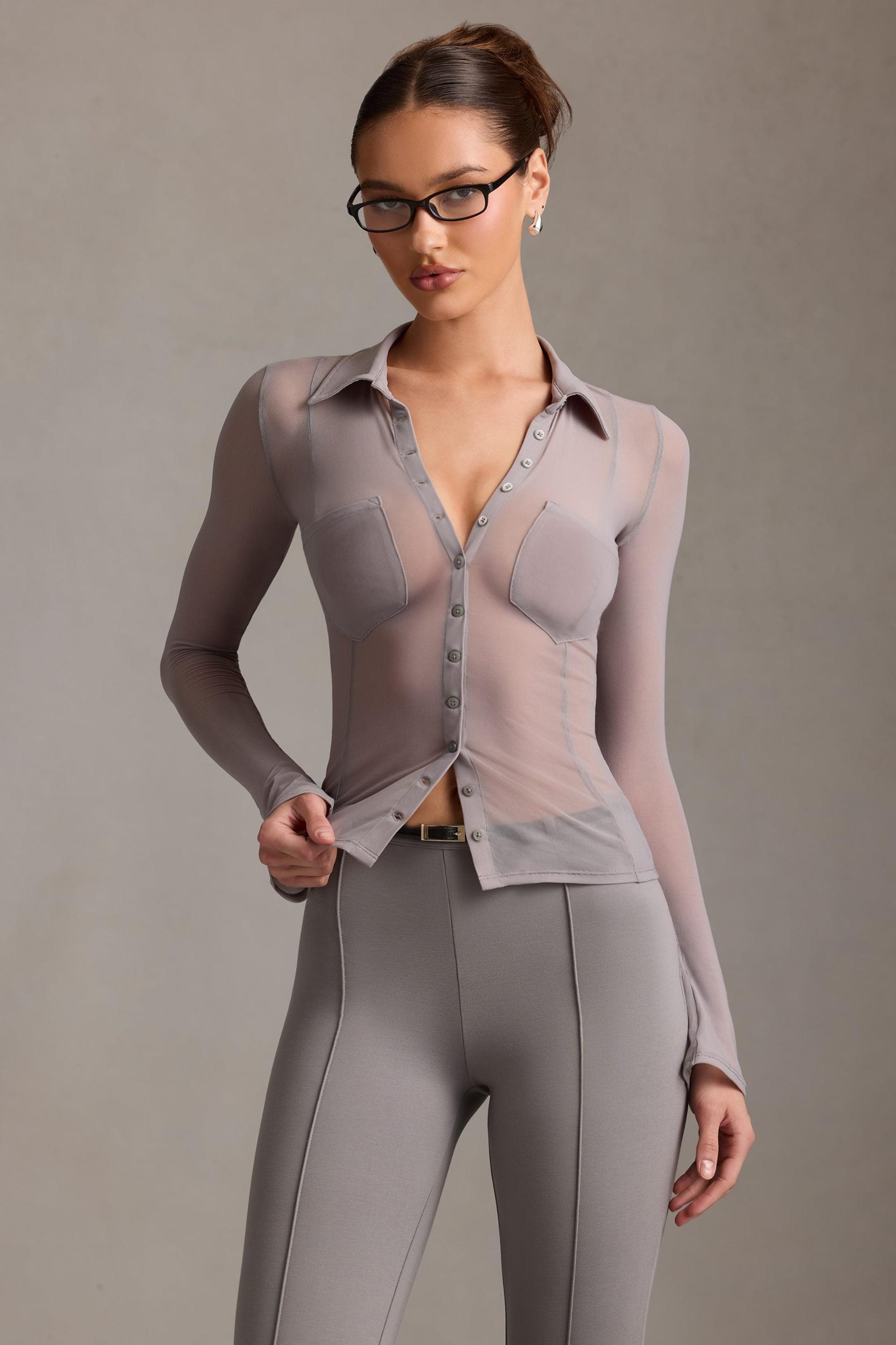 Sheer Long-Sleeve Shirt in Grey Female Product Image