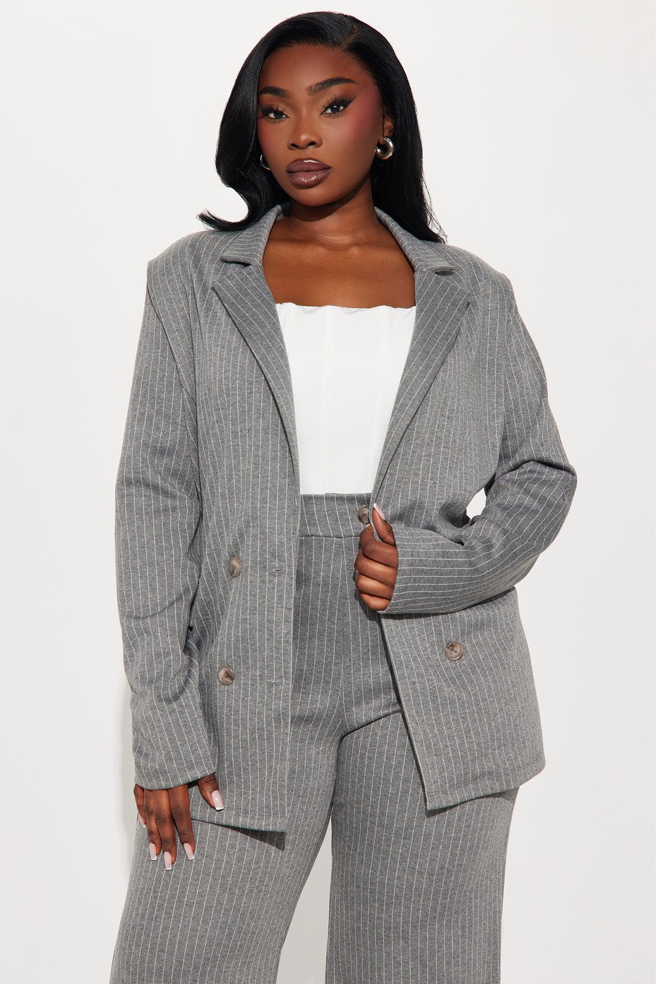 Work Wife Pinstripe Pant Set - Grey/White Product Image