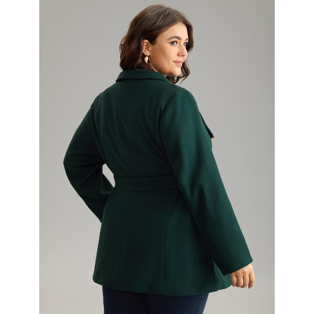 Plus Size Plain Belted Metal Detail Lapel Collar Coat Women DarkGreen Elegant Lined Ladies Everyday Winter Coats BloomChic 14-16/1X Product Image