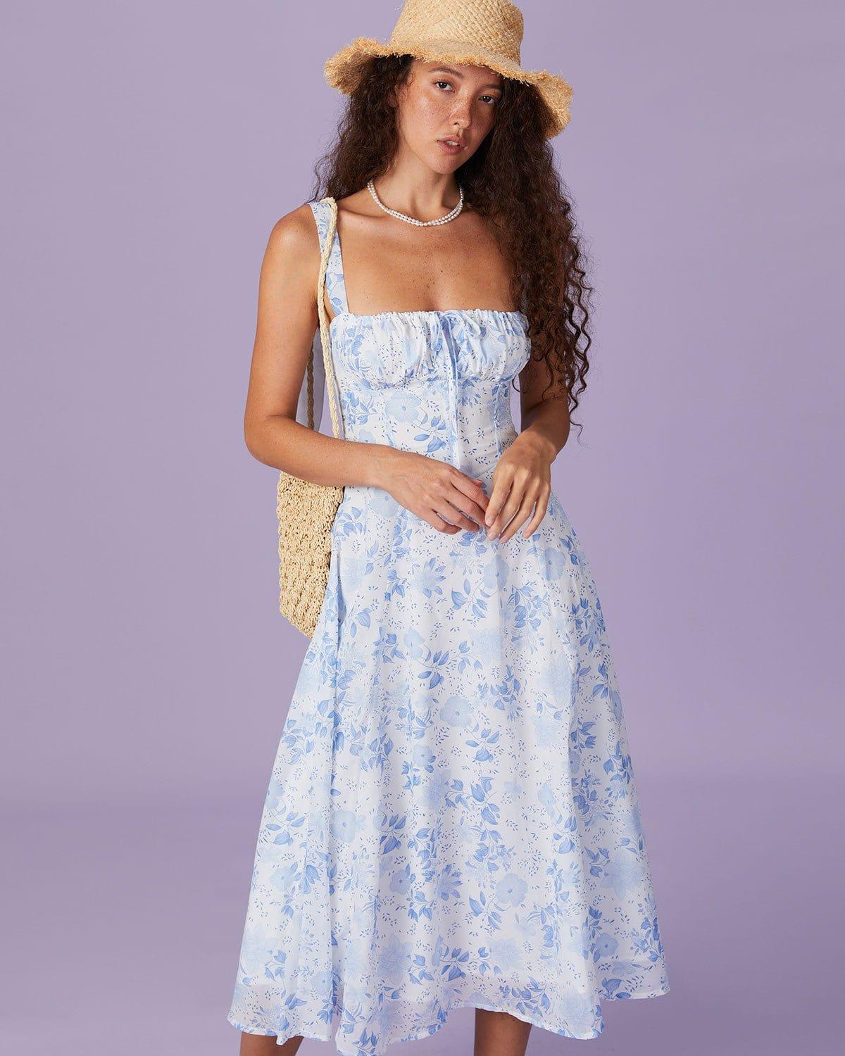 The Blue Square Neck Floral Ruched Midi Dress Product Image