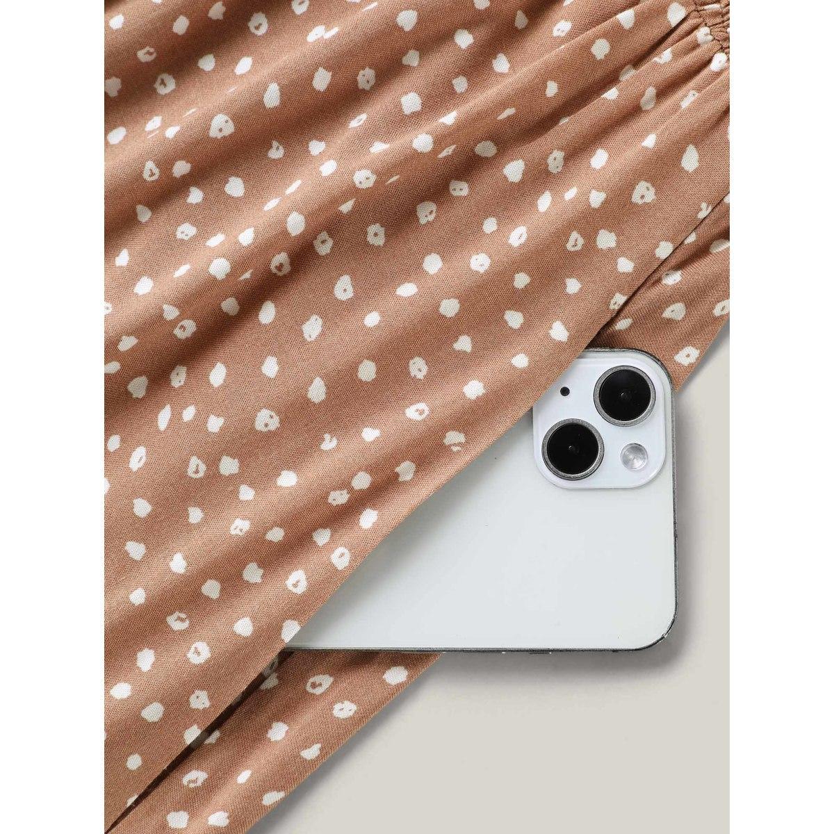 Plus Size Shirred Polka Dots Pockets Midi Dress Tan Women Round Neck Short sleeve Curvy BloomChic 18-20/2X Product Image