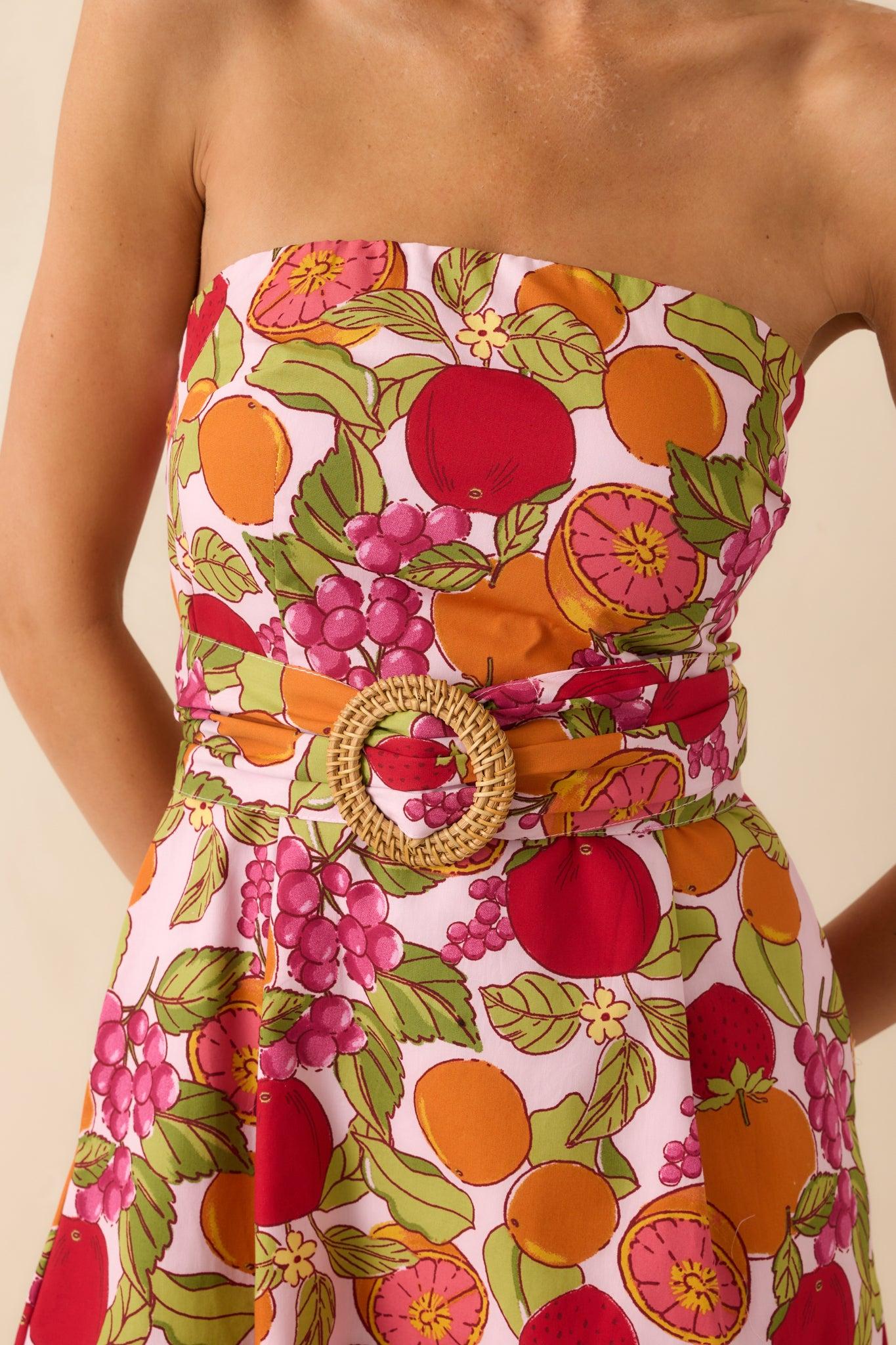 Sweetness To Spare Pink Fruit Print Cotton Strapless Maxi Dress Product Image