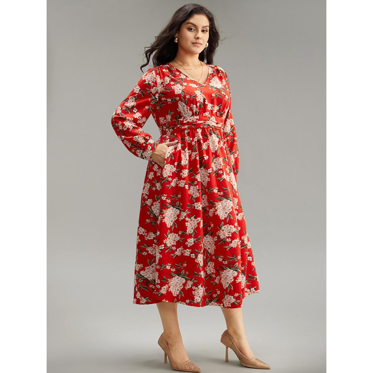 Plus Size Floral Print Ruched Pocket Pleated Dress Red Women Elegant Printed V-neck Long Sleeve Curvy Midi Dress BloomChic 14-16/1X Product Image