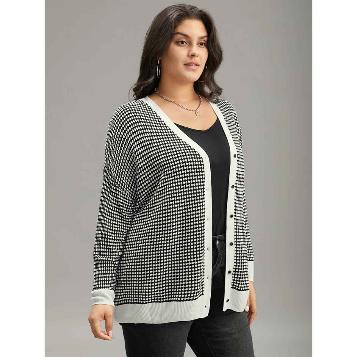 Plus Size Polka Dot Patchwork Button Through Cardigan Black Women Casual Loose Long Sleeve Dailywear Cardigans BloomChic 30/6X Product Image