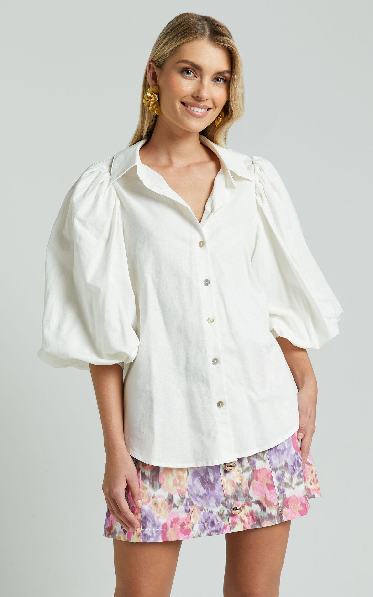 Amalie The Label - Hanae Linen Blend Collared Button Through Puff Sleeve Shirt in White Product Image