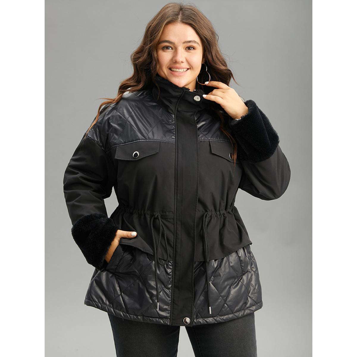 Plus Size Patchwork Fuzzy Drawstring Pocket Quilted Coat Women Black Casual Zipper Ladies Dailywear Winter Coats BloomChic 18-20/2X Product Image