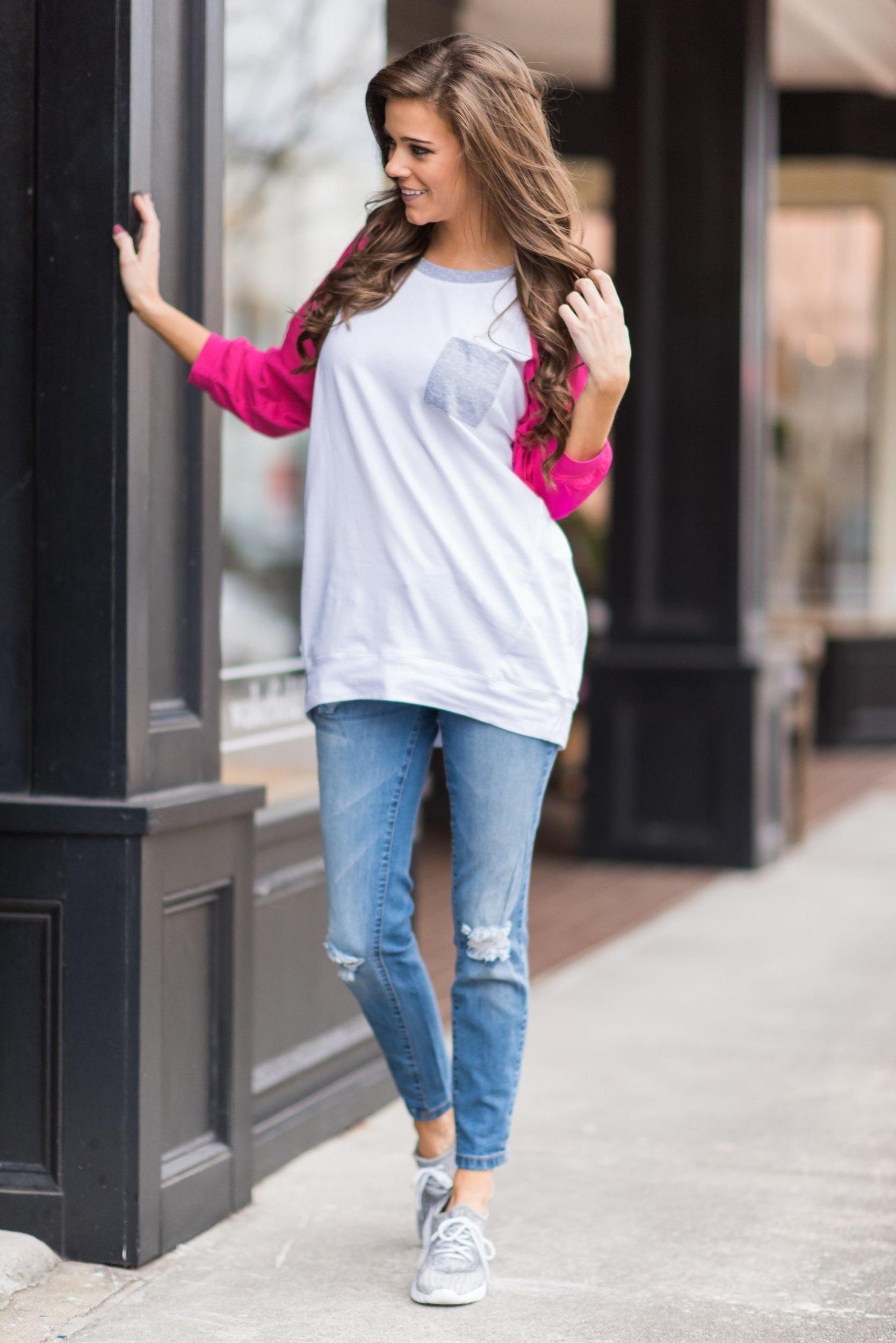 Slouchy Dolman Fuchsia Pink Raglan Tunic w/Pocket Female Product Image