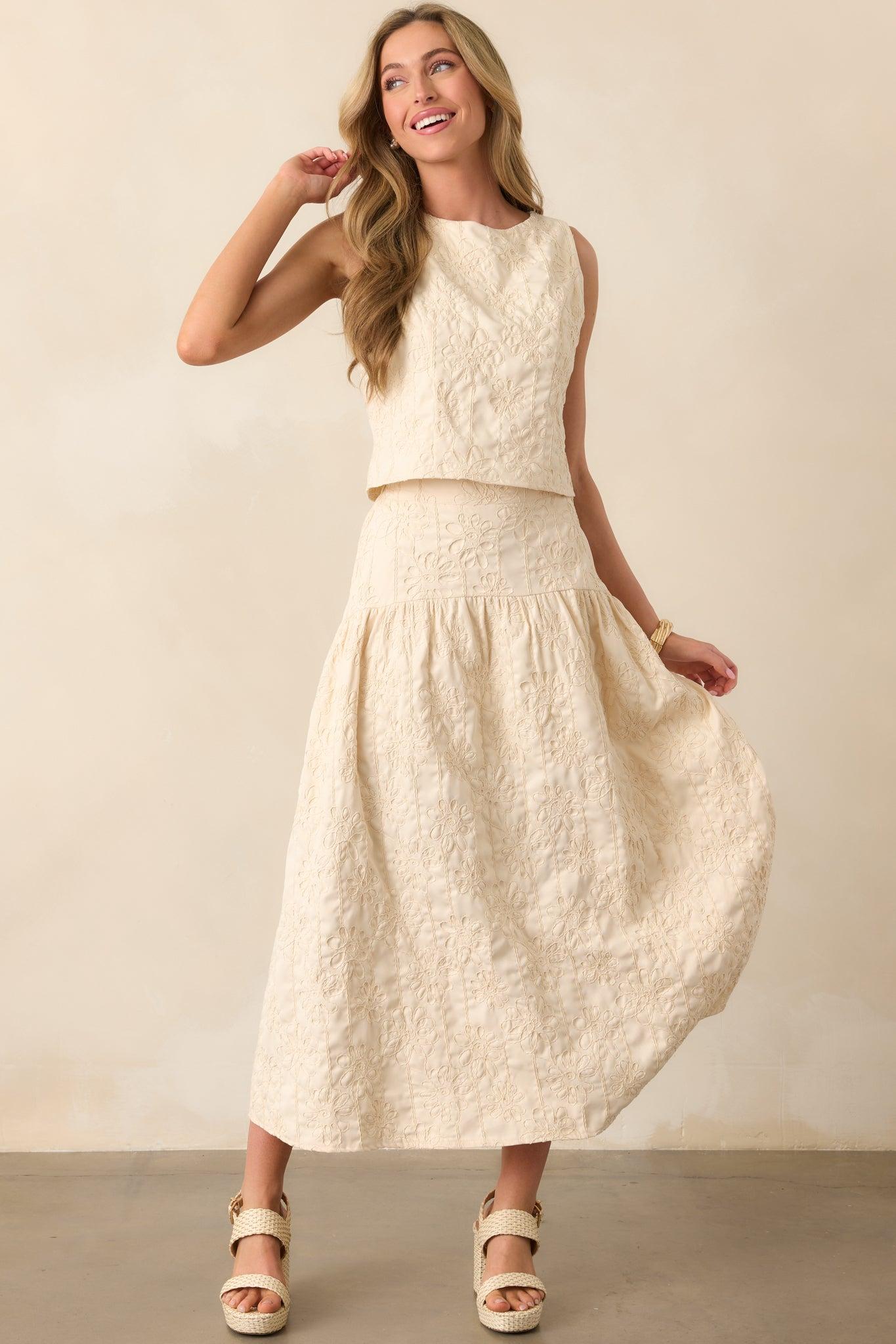 Evening Delights Beige Floral Embroidered Midi Skirt Product Image