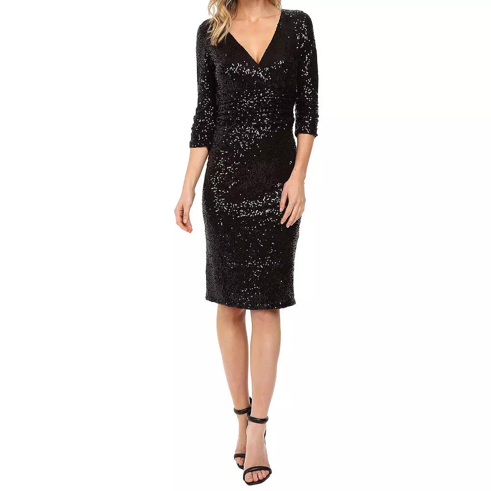 Women's Focus By Shani V-Neck Sequined Dress, Size: 16, Black Product Image