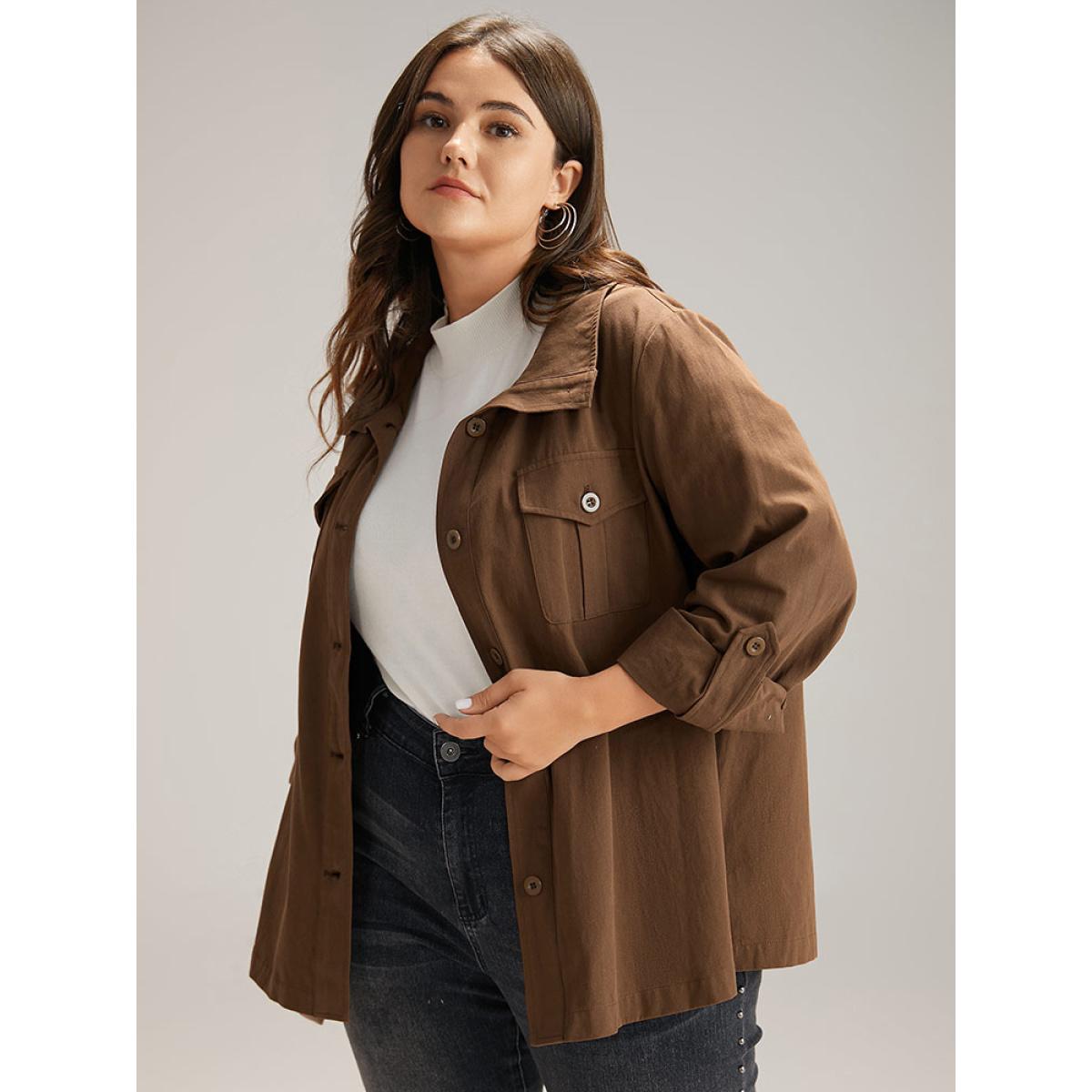 Plus Size Plain Roll Tab Sleeve Button Down Coat Women Bronze Casual Plain Ladies Dailywear Winter Coats BloomChic 26/4X Product Image