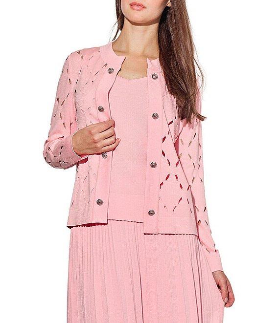 Ming Wang Soft Knit Diamond Cut-Out Round Neck Long Sleeve Jacket Product Image