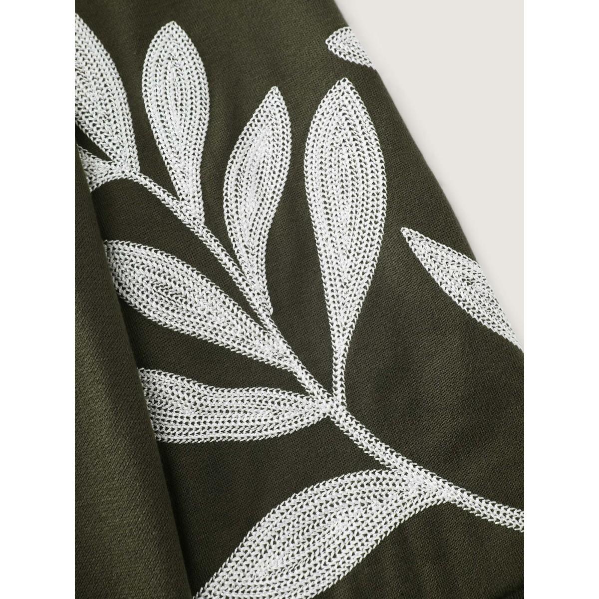 Plus Size Leaf Embroidered Sleeve Round Neck Sweatshirt Women ArmyGreen Leisure Embroidered Round Neck Casual Sweatshirts BloomChic 26/4X Product Image