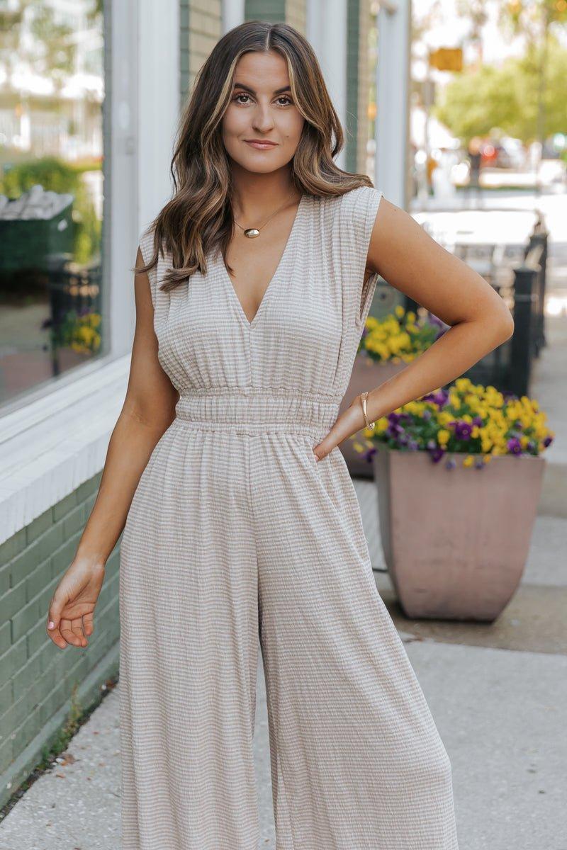 Taupe Striped Wide Leg Jumpsuit Product Image