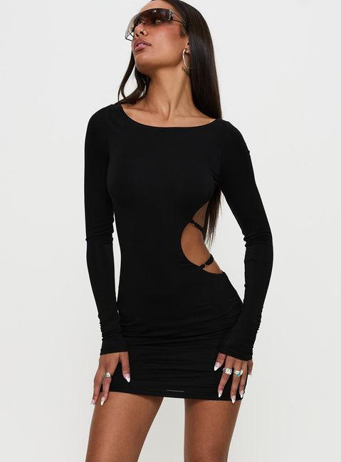 Rowin Long Sleeve Cut Out Mini Dress Black Product Image