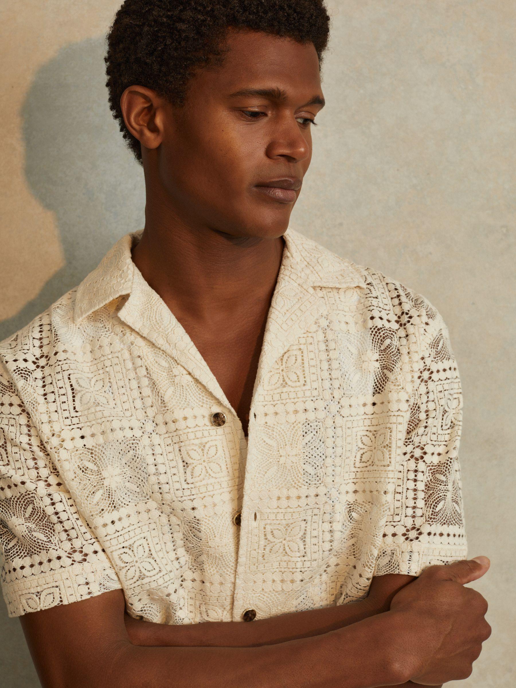 Crochet Cuban-Collar Shirt in Ecru Product Image