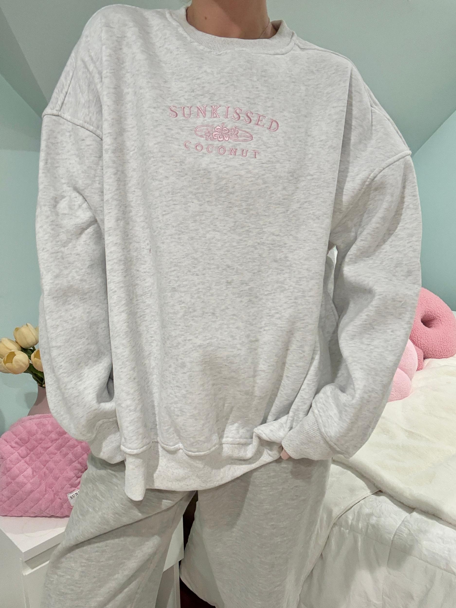 Pearl Grey and Pink Thread Sunkissedcoconut Embroider Sweatshirt Product Image