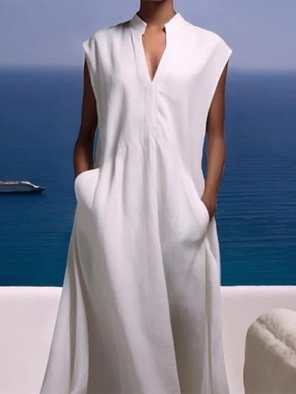 Cap Sleeve Loose Pockets Solid Color V-Neck Maxi Dresses Product Image