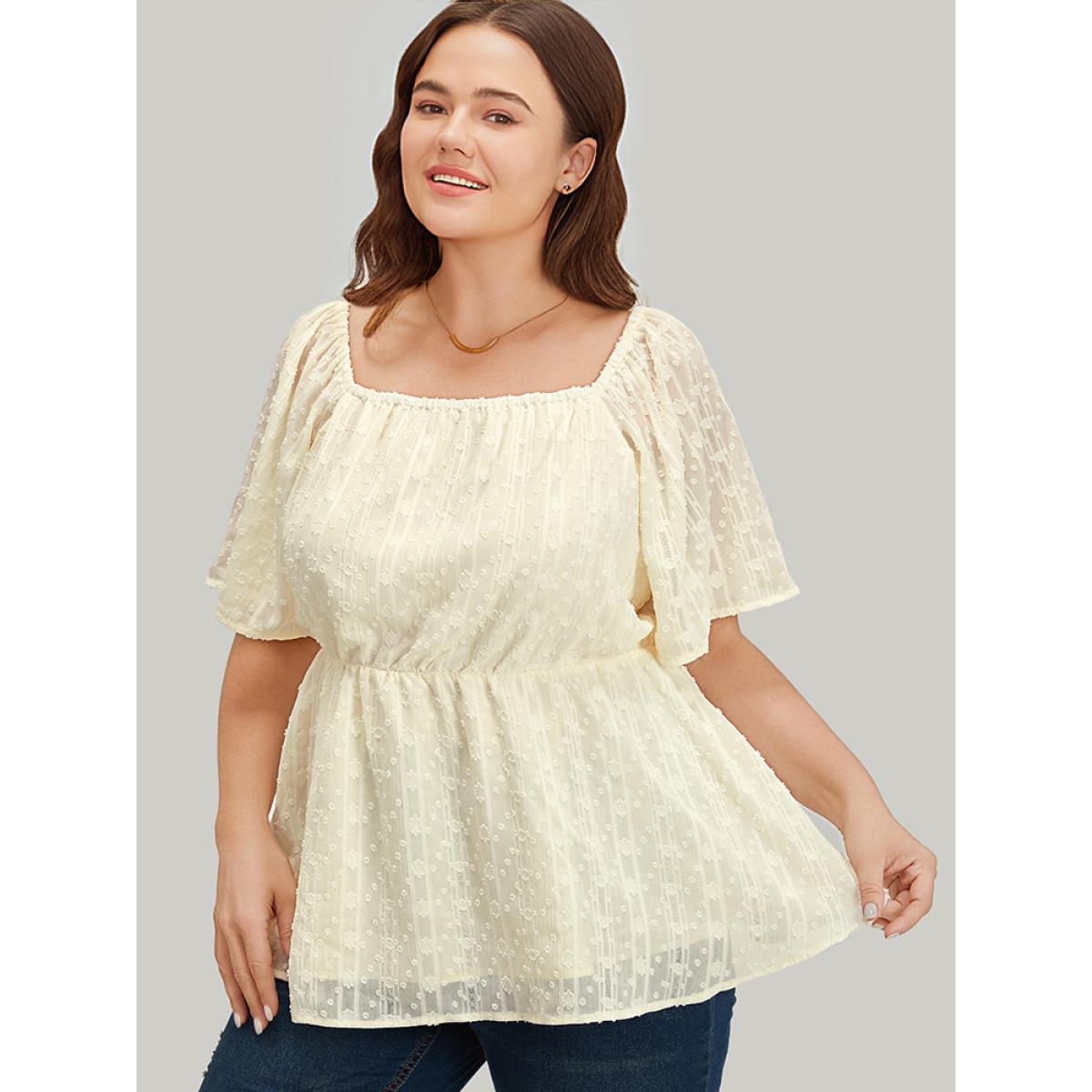 Plus Size Ivory Plisse Mesh Square Neck Elastic Waist Blouse Women Elegant Short sleeve Square Neck Dailywear Blouses BloomChic 28/5X Product Image