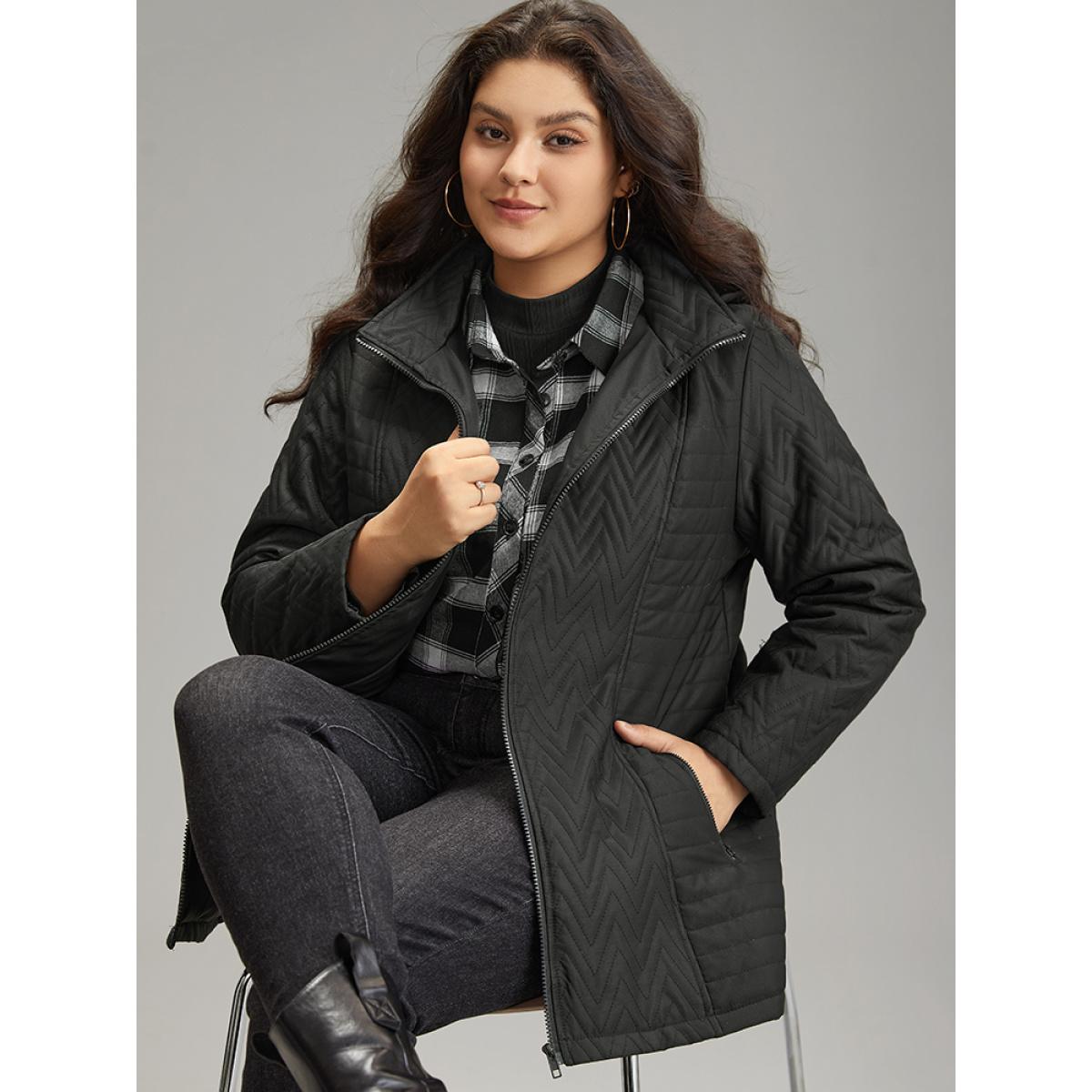 Plus Size Solid Quilted Zipper Fly Hooded Cotton Jacket Women Black Casual Quilting Ladies Dailywear Winter Coats BloomChic 10/M Product Image