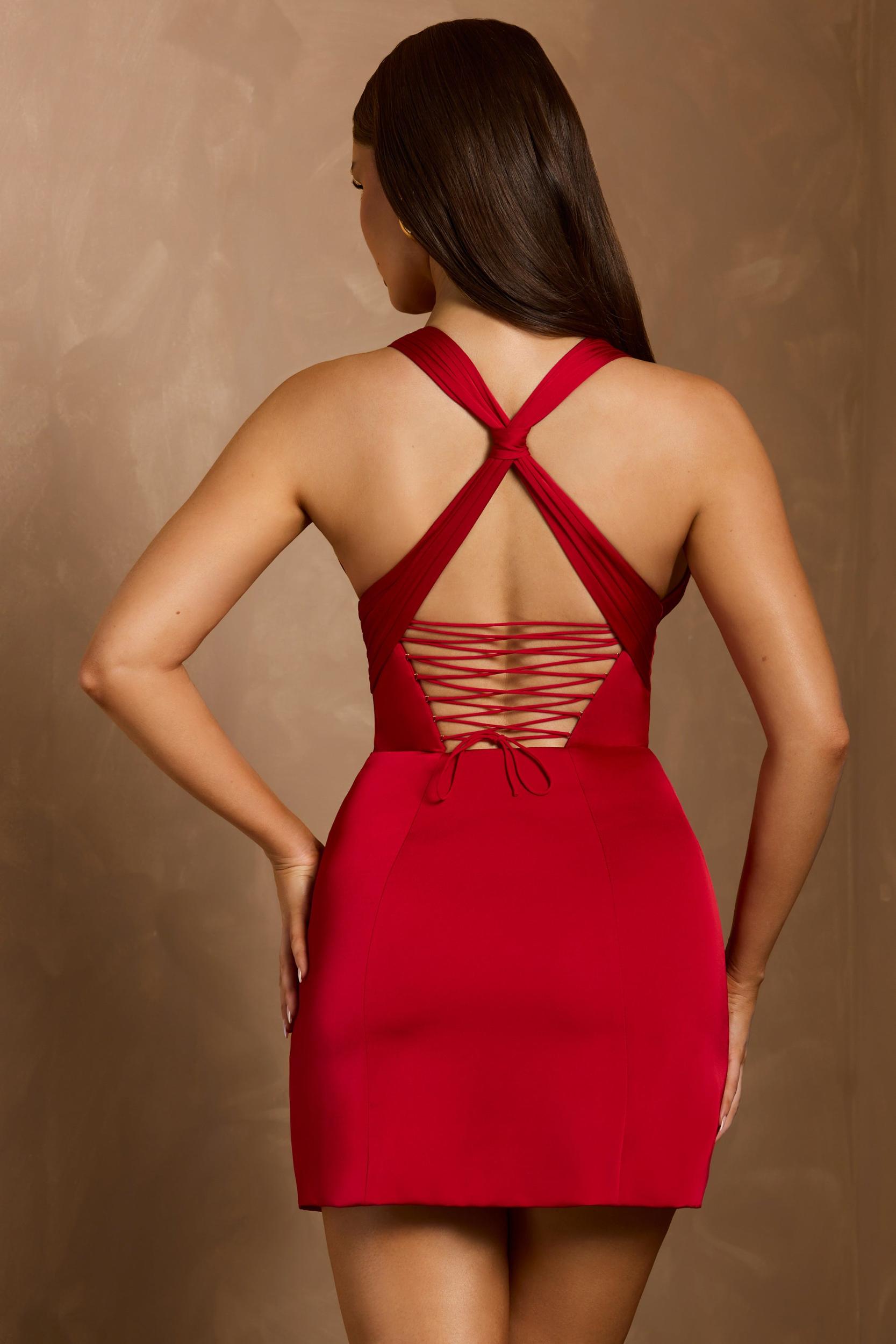 Halterneck Lace-Up A-Line Mini Dress in Scarlet Red Product Image