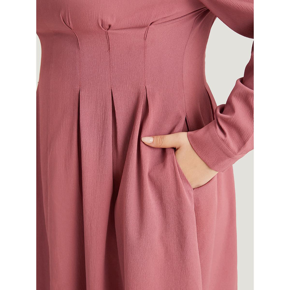 Plus Size Crew Neck Plicated Detail Ruffle Hem Dress DustyPink Women Office Plain Round Neck Long Sleeve Curvy Midi Dress BloomChic 30/6X Product Image