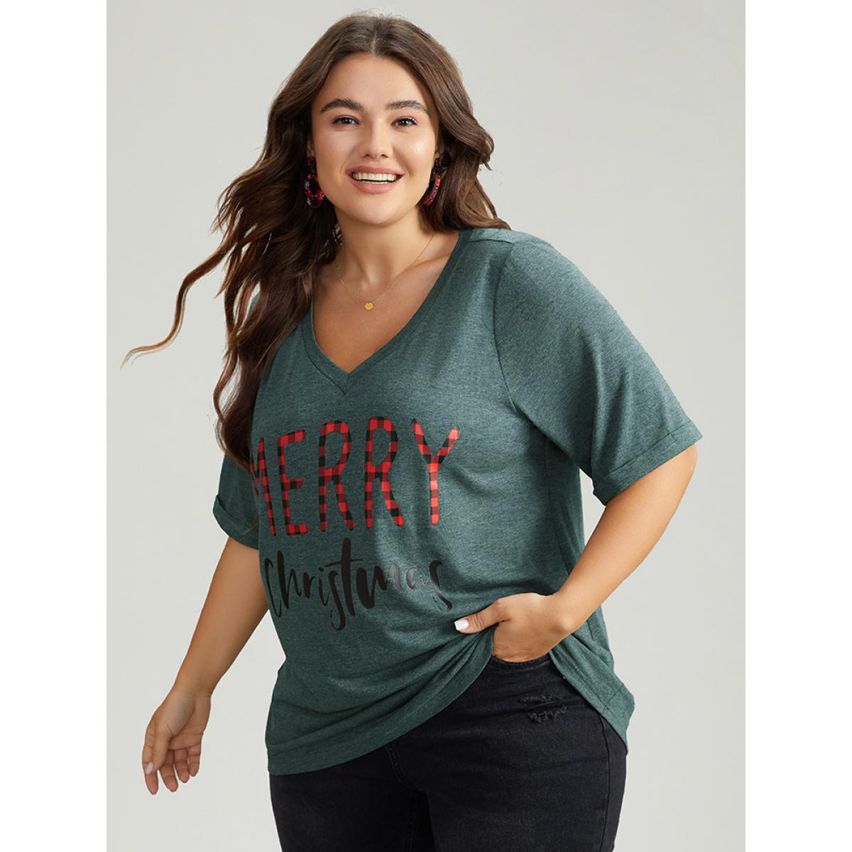 Plus Size Christmas Gingham Patchwork V Neck T-shirt DarkGreen Women Leisure Printed Christmas Casual T-shirts BloomChic 28/5X Product Image