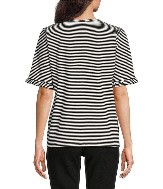 Jones New York Feeder Stripe Crew Neck Ruffled Elbow Sleeve Tee Product Image