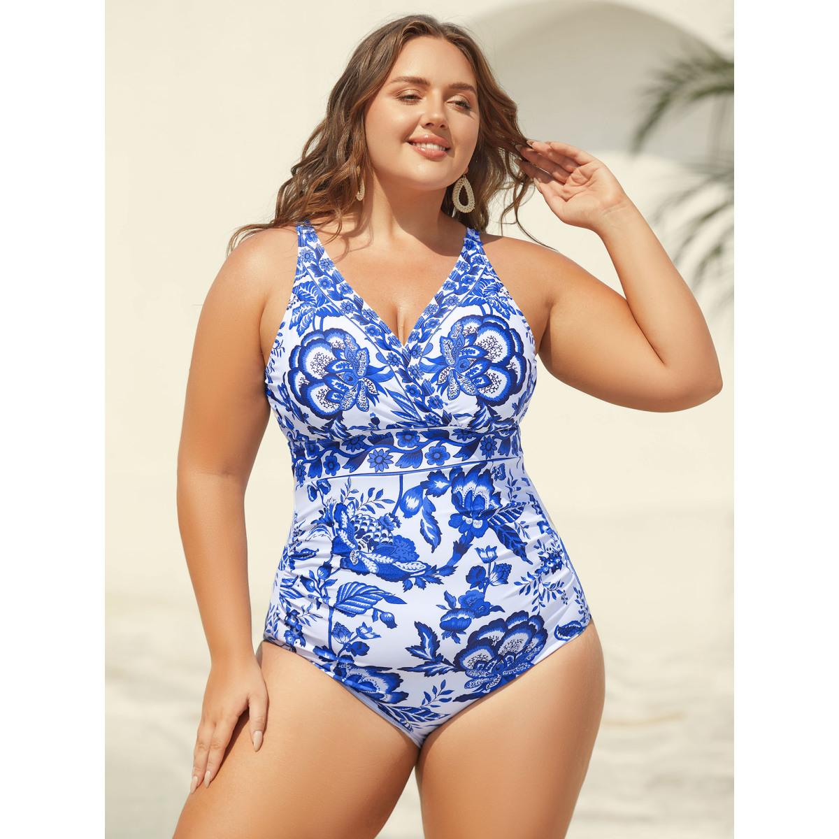 Plus Size Two-Piece Floral Print Ruched Mesh Swimsuit, Sarong Women's Swimwear Indigo Resort Gathered Curve Bathing Suits High stretch One Pieces BloomChic 14-16/1X Product Image