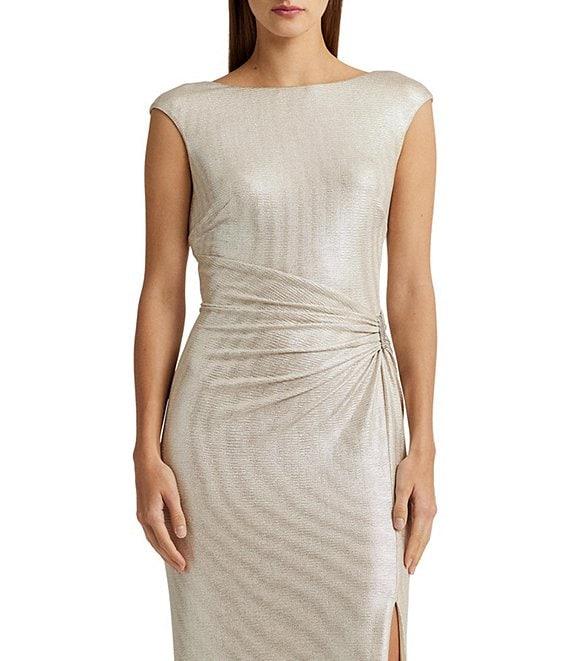 Lauren Ralph Lauren Metallic Boat Neckline Sleeveless Gown Product Image