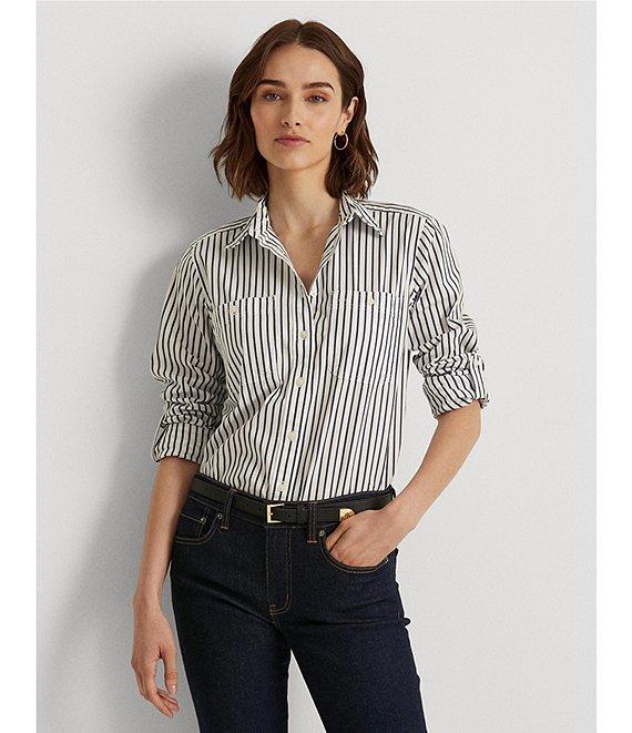 Lauren Ralph Lauren Long Roll-Tab Sleeve Striped Button Front Cotton Shirt Product Image