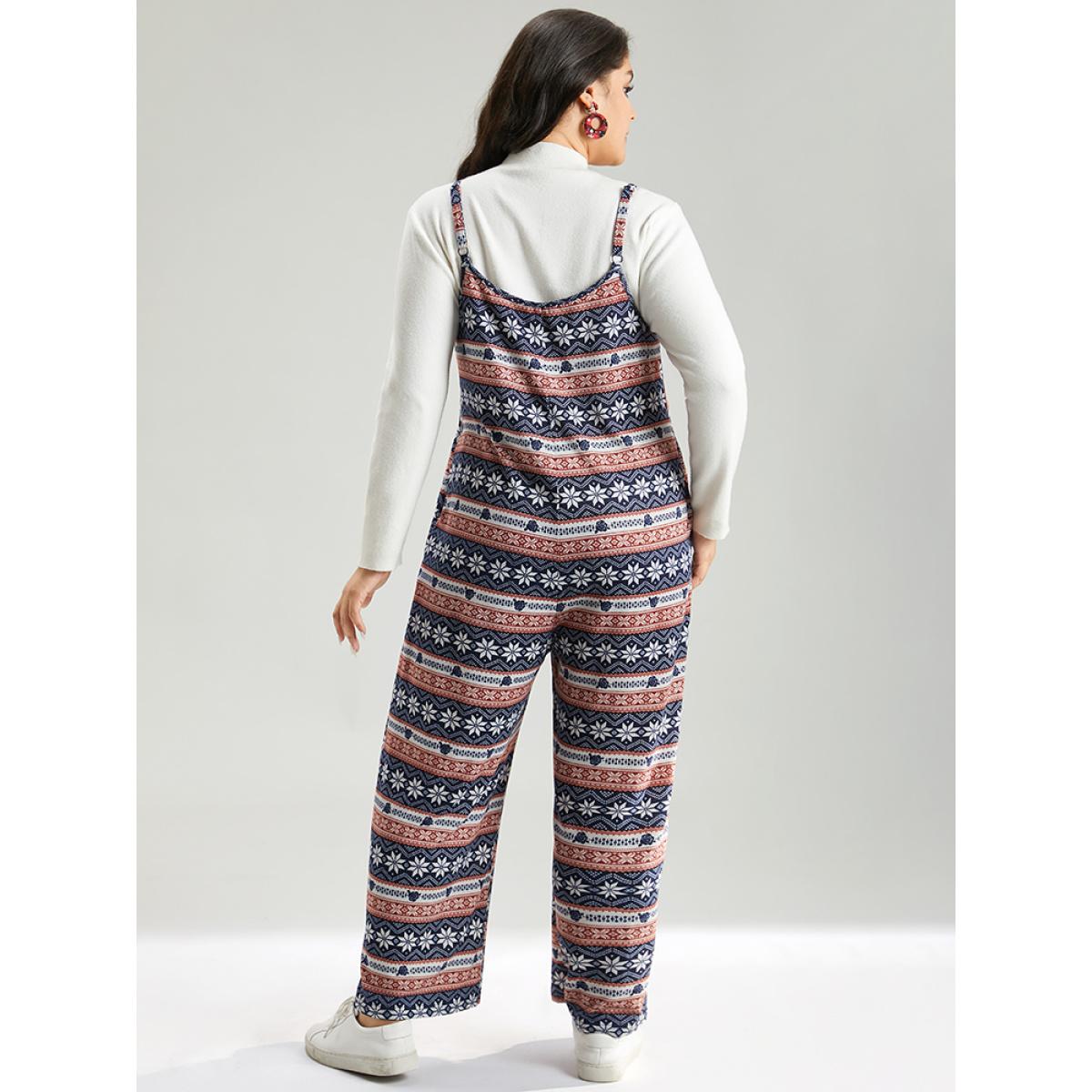 Plus Size DarkBlue Snowflake Graphic Pocket Overall Cami Jumpsuit Women Elegant Sleeveless Spaghetti Strap Dailywear Loose Jumpsuits BloomChic 10/M Product Image